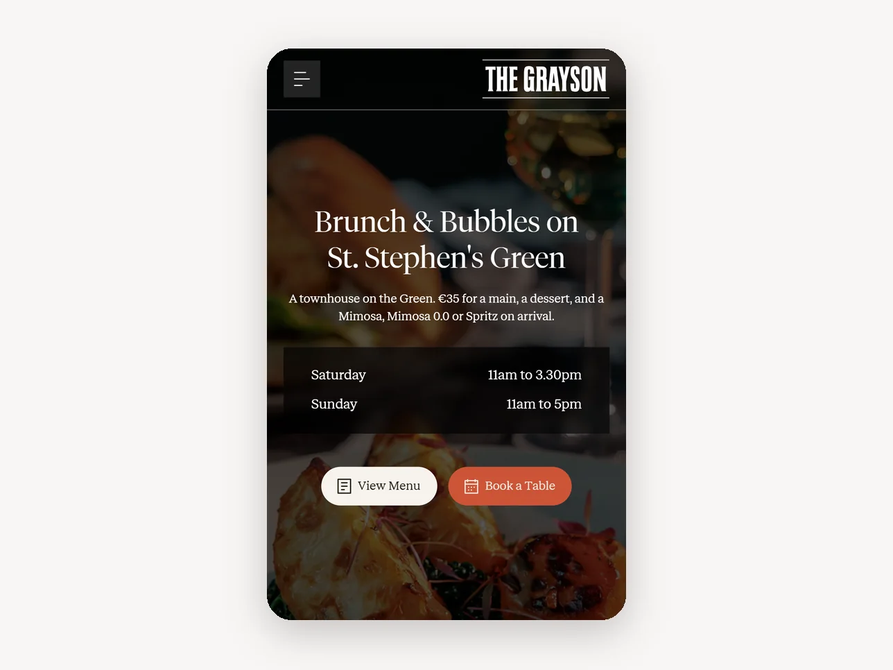 A restaurant’s brunch offer page on a phone: €35 for a main, a dessert and a drink on arrival