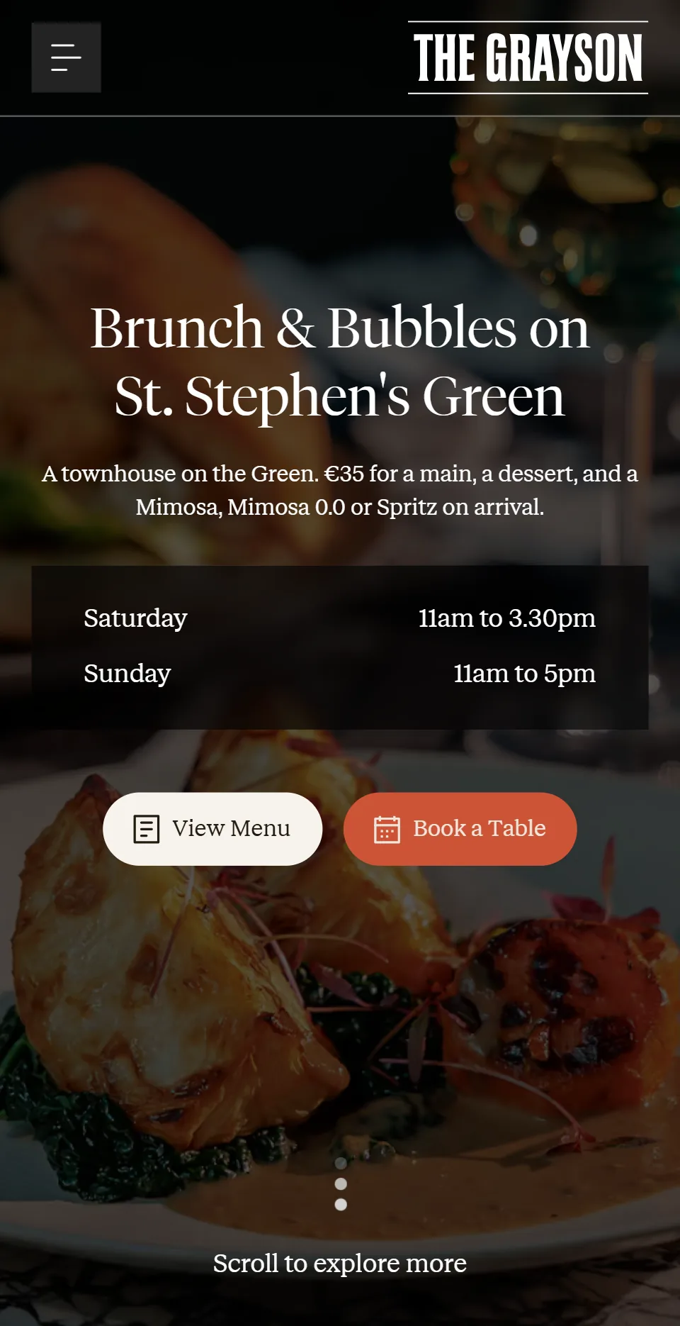 A restaurant’s brunch offer page on a phone: €35 for a main, a dessert and a drink on arrival, with View Menu and Book a Table
