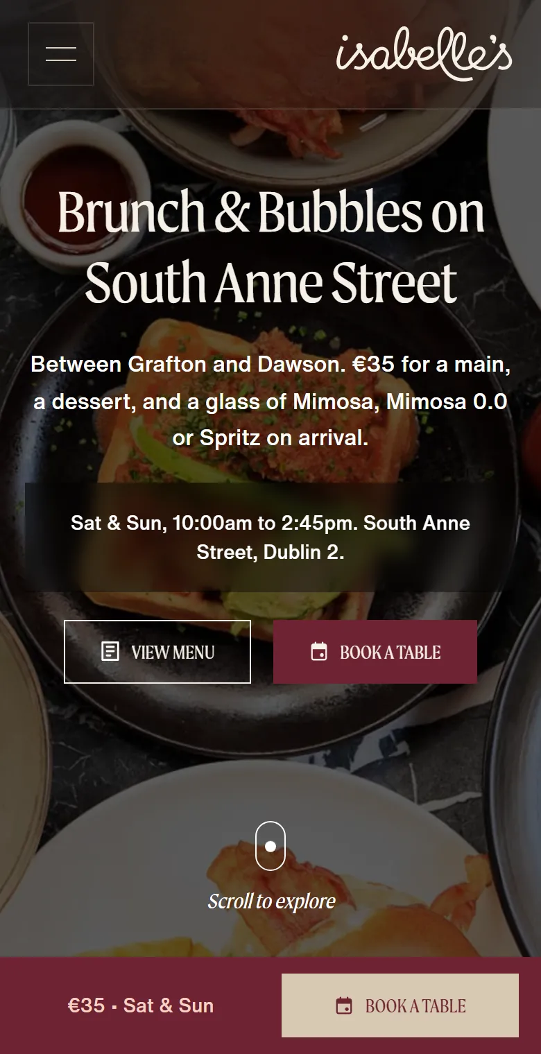 A second restaurant’s brunch offer page on a phone, in its own voice, with a Book a table button