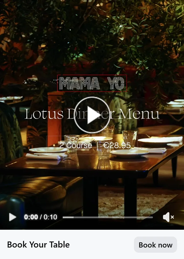A Mama Yo video ad: the restaurant at night, with the Lotus Dinner Menu over it and a Book now button