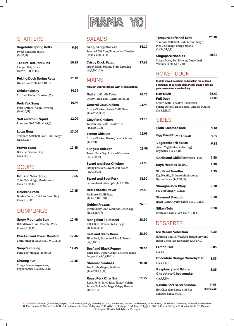 A food page of the old dinner menu, 2025