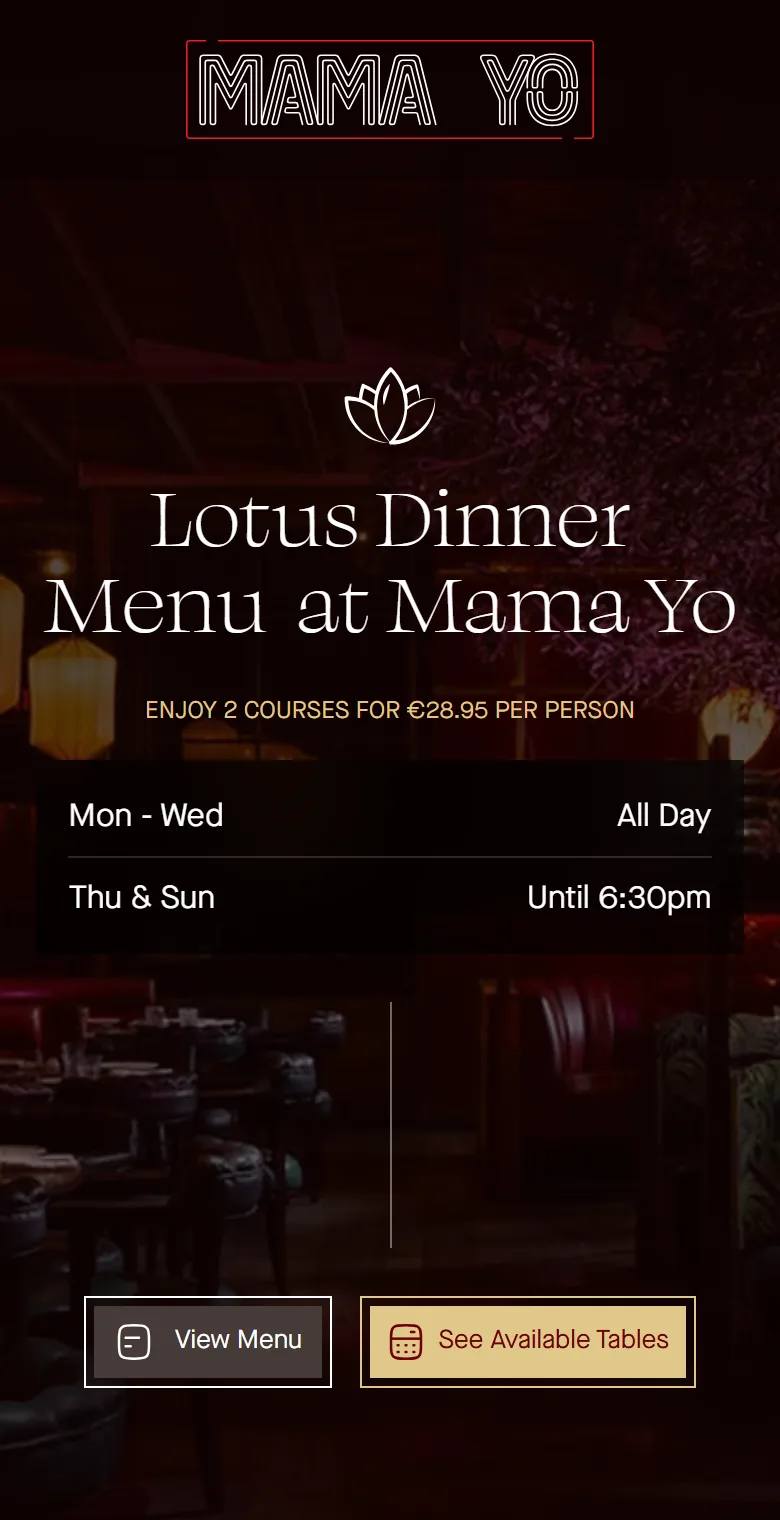 The Lotus Dinner Menu page on a phone, with View Menu and See Available Tables