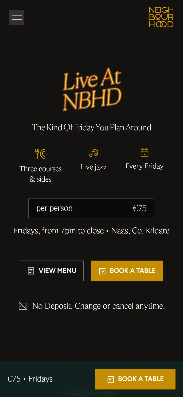 The Live at NBHD offer page on a phone: three courses, live jazz, every Friday, €75