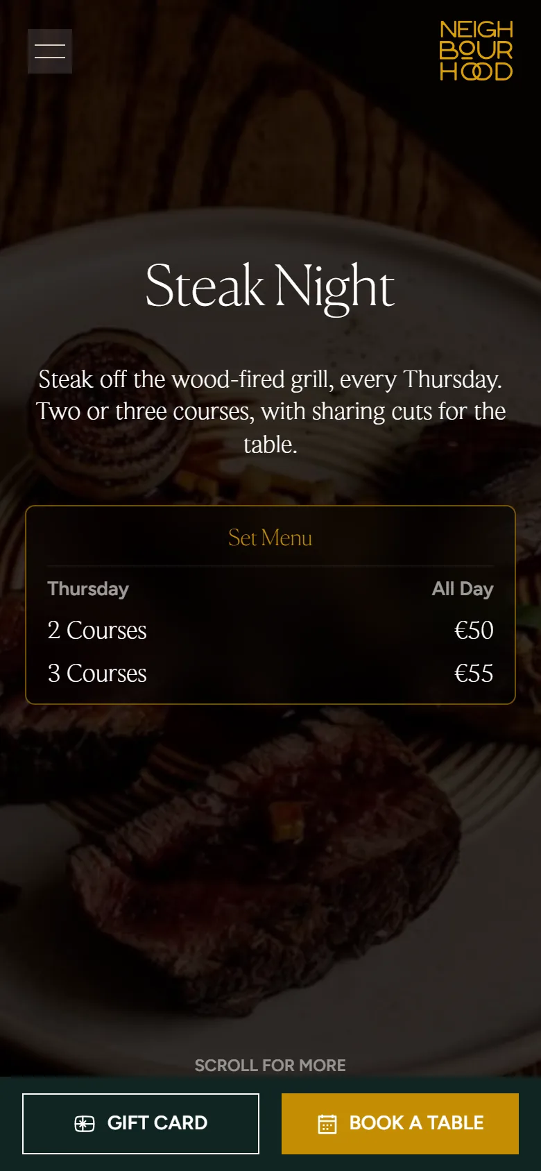 The Steak Night offer page on a phone: two courses €50, three €55