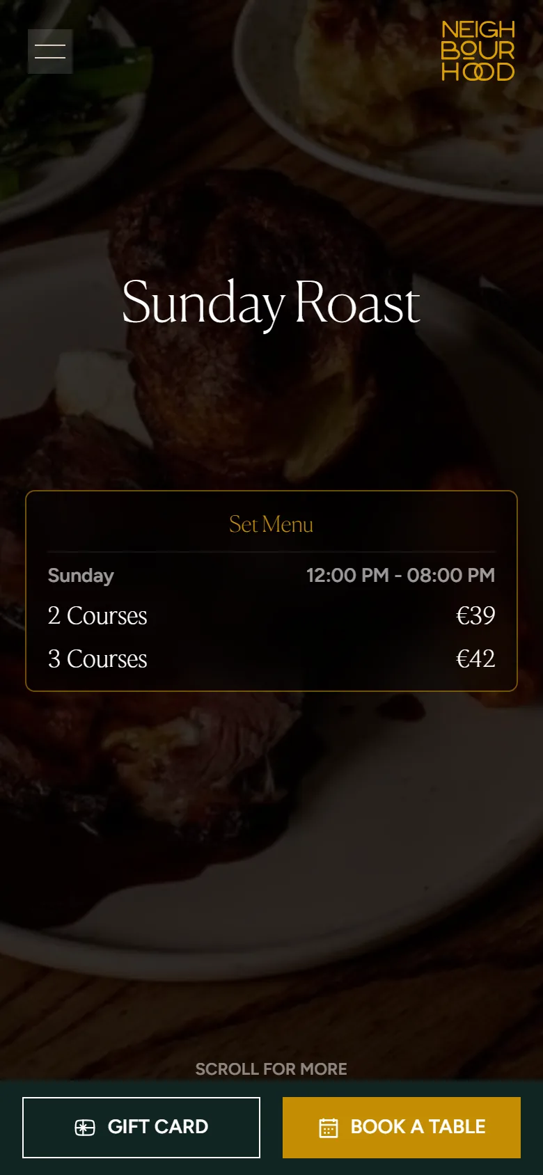 The Sunday Roast offer page on a phone: the set menu at €39 and €42